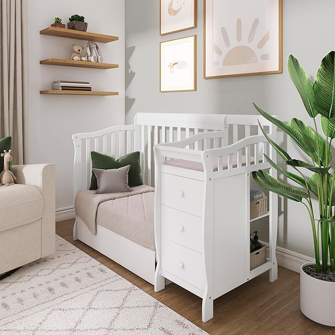 Dream On Me Jayden 4‑in‑1 Mini Convertible Baby Crib & Changer with Storage in White, Pinewood, GreenGuard Gold & JPMA, 1” Mattress Pad, 3 Mattress Heights, Converts to Mini Day & Twin-Size Bed