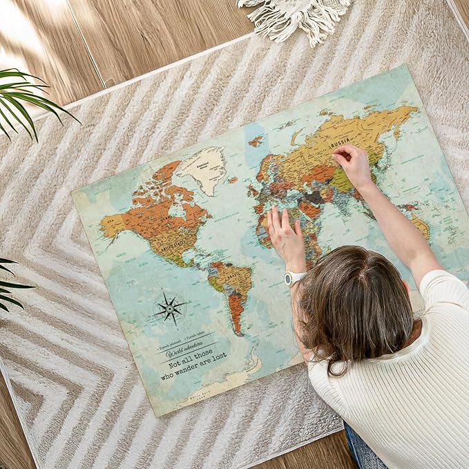 ElephantStock - Personalized Wanderer Push Pin World Map Wall Art - Horizontal Canvas Wall Art - Living Room Wall Decor - Digital Art Map Canvas Art - Orange And Blue Decor - 39" x 26"