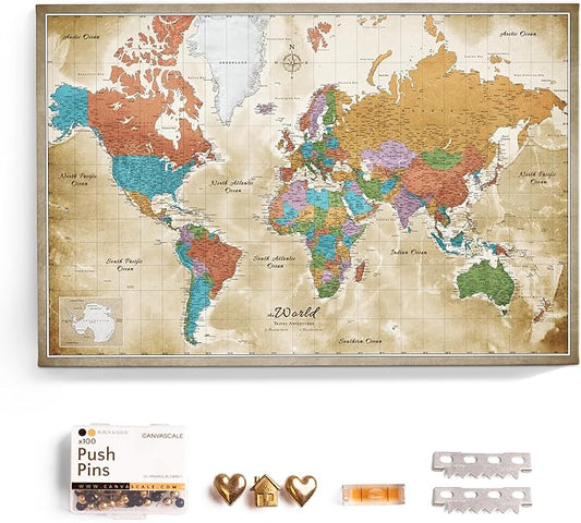 Canvas World Map with Cork Pin Board - English Lettering - Decorative Wall Decoration for All Rooms - Canvas Pictures with World Map Motif (150x100 cm, Pattern 3)