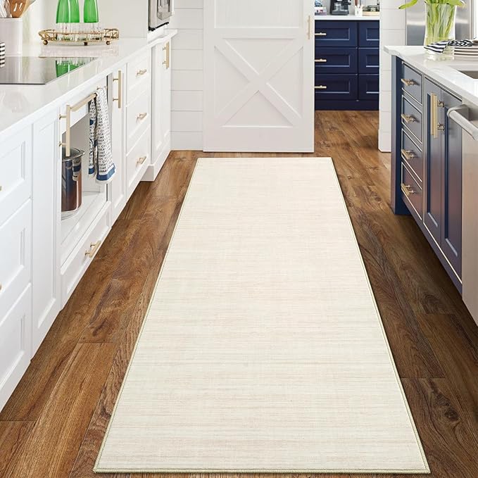 Hallway Runner Rug 2.5x8 Washable Non Slip Kitchen Runner Rugs Low Pile Modern Solid Color Living Room Rugs Minimalist Plain Entry Long Runners Boho Accent Solid Runner Rugs for Bedroom Nursery, Ivory