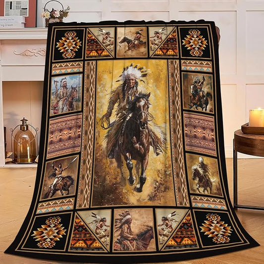 Rustic Indians Blanket Native American Throw Blanket Retro Chief Flannel Stuff Merch Cozy Decor Fleece Plush Fuzzy Warm Soft Lightweight Bedding Indians Gifts for Women Men Girls Couch 80"X60"