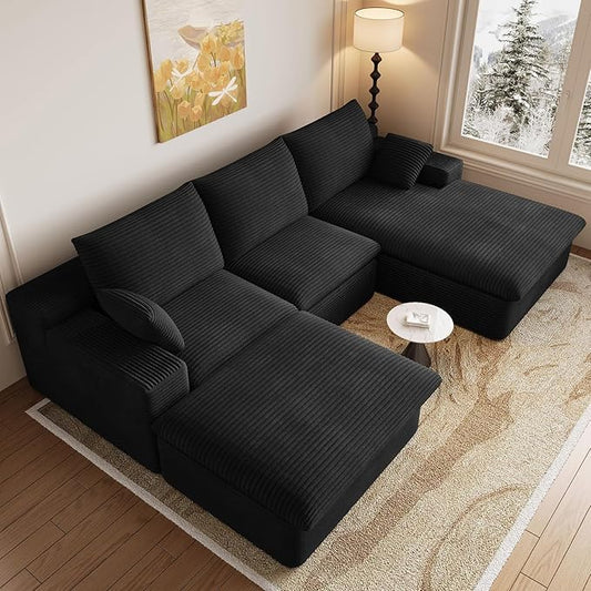 107" Cloud Modular Sectional Sofa with 1 Ottoman, Deep Seat Boneless Couch, Modern Upholstered Corduroy Couches, Comfort U Shaped Sofa for Living Room, No Assembly Required(Black,Right Facing Chaise)