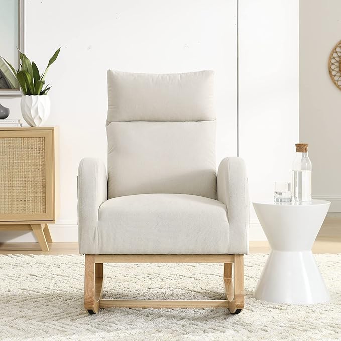 Nursery Rocking Chair with Solid Wood Legs, Glider Chair for Nursery with Two Side Pockets, Rocker Armchair for Living Room Bedroom (Beige, Linen Fabric)