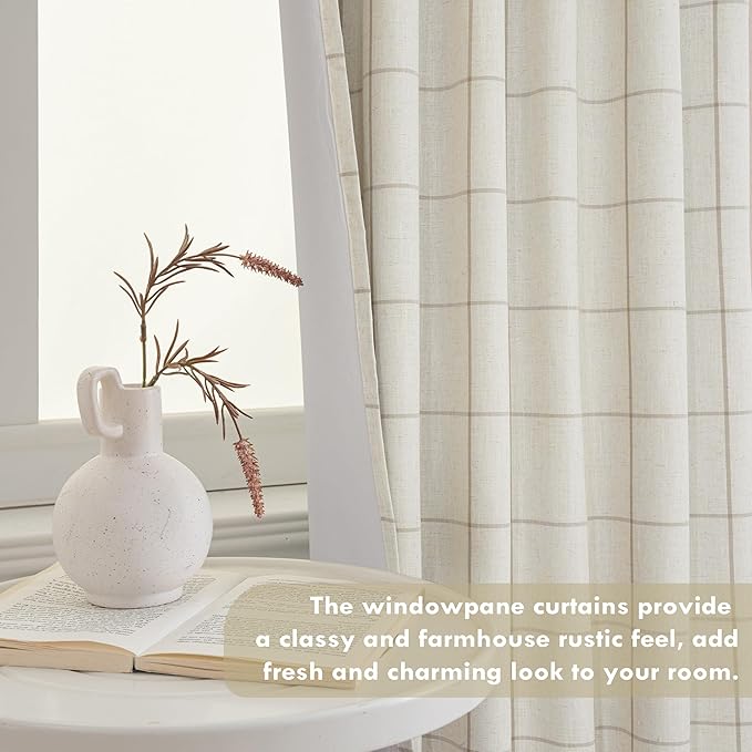 DriftAway 2 Panels 100% Blackout Windowpane Plaid Linen Curtains Double Layer Drapes for Bedroom 63 Inches Long Farmhouse Thermal Insulated 3.25 Inch Rod Pocket Back Tab for Living Room Taupe