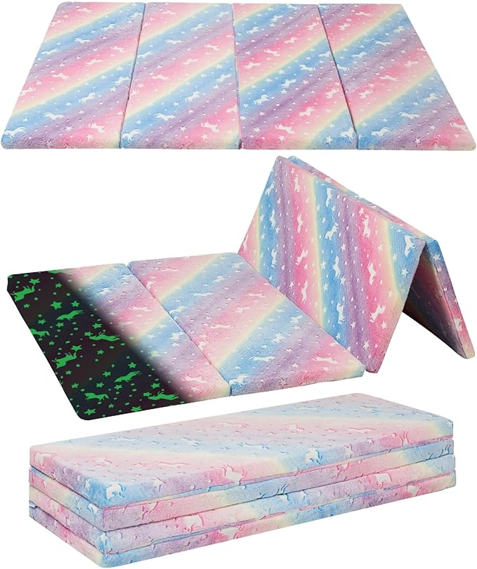 MeMoreCool Kids Floor Futon Mattress, Play Mat Muscle Mat Large 6x4 FT, Thicken Foam Tatami Mattress for Children Play Area, Foldable Sleeping Crawling Pad for Playroom, Rainbow Unicorn