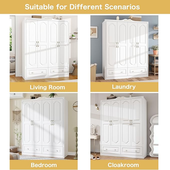 White Armoire Wardrobe Closet with Drawers: 74" Large Wardrobe Closet with 4 Doors and 2 Drawers, Bedroom Armoires with Hanging Rod, Wooden Armoire Closets for Hanging Clothes (White, 59")
