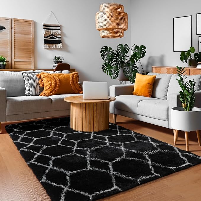 ONASAR Area Rugs for Bedroom Living Room, Fluffy 4x6 Black and White Rug, Geometric Washable Shaggy Plush Bedside Indoor Floor Carpet for Nursery Kids Teens Girls Boys Dorm Home Office Decor