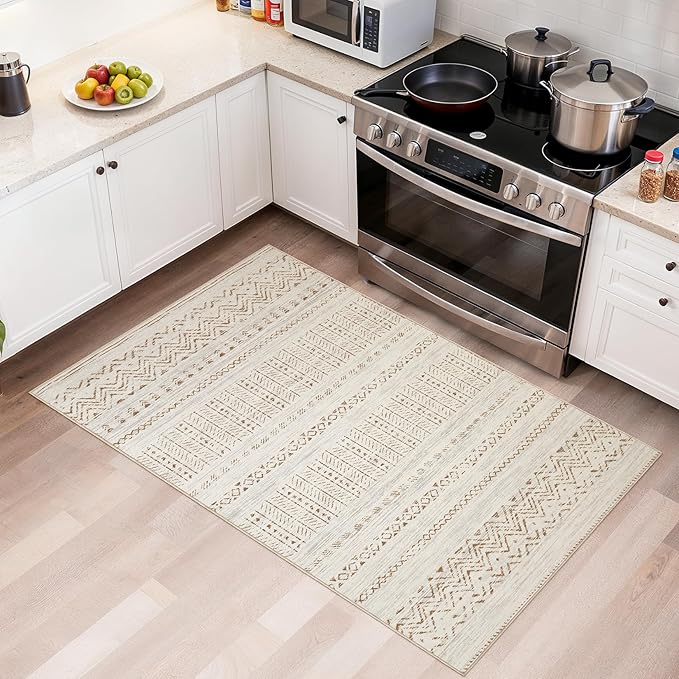 Area Rugs for Living Room Washable Living Room Rug Soft Neutral Indoor Floor Carpet Non-Slip Stain Resistant Modern Boho Rugs for Bedroom Dining Room Kids Room Nursery Office Home Brown Cream