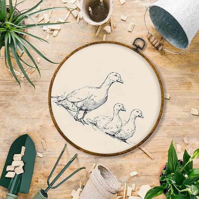 Hiuwevt Vintage Duck Round Wall Art Decor, Minimalist Duck Sketch Framed Canvas Prints, Retro Rustic Farmhouse Animal Round Wall Hanging Decor for Bedroom Home Living Room Decorations, 10x10 Inches