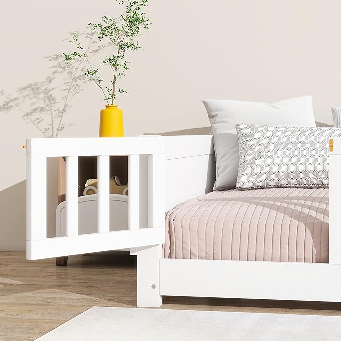 Twin Size Kids Montessori Floor Bed with Door,Twin Floor Bed Frame with Slats and Bookcase,Solid Wood Montessori Bed for Girls Boys,White