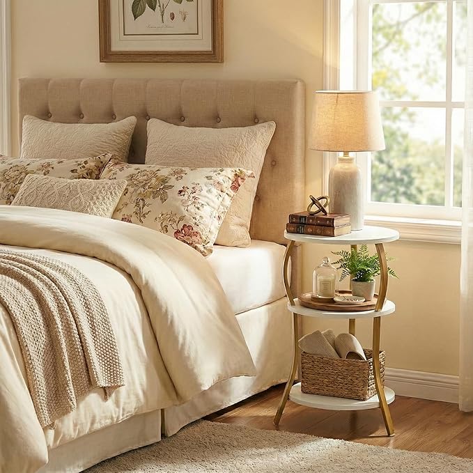 Small Round Side Table with Charging Station, 3-Tier Waist Circular End Table with Storage Shelf, Compact Tea Sofa Side Table Small Spaces, Round Corner Coffee Table for Living Room Bedroon,White+Gold