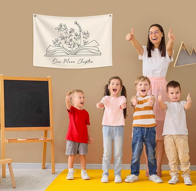 Classroom Kindergarten Preschool Homeschool Reading Room Wall Decor-Hanging Rectangular Canvas Banner Flag Poster Wall Sign Art-Back to School Gift for Boy Girl Kids Teen Book Lover-One More Chapter