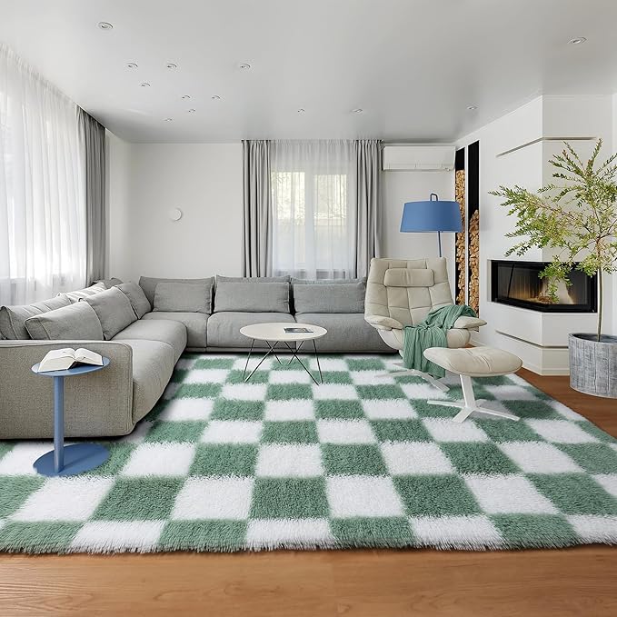 KICMOR Fluffy Sage Green and White Rugs Living Room Carpet, 5x7 Large Fuzzy Checkered Shag Area Rug for Bedroom Aesthetic, Furry Soft Plush Shaggy Rug for Nursery Kids Girls Boys Room Home Decor