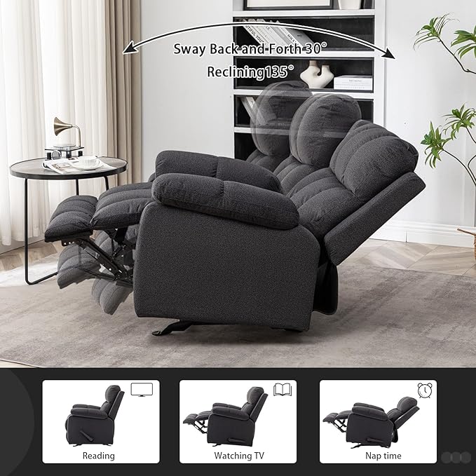 HOMEFLEX Modern Rocker Recliner Chair for Adults, Overstuffed Rocking Chairs for Nursery, Manual Swivel Recliners Armchair, Upholstered Fabric Rocker Sofa for Living Room, Bedroom (Black)