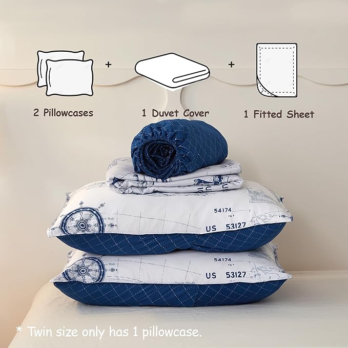 Simple&Opulence 100% Organic Cotton Duvet Cover for Kids Teens,3 Pieces Soft Cartoon Comforter Cover with Zipper Closure, Boys Bedding Set with Sailboat Pattern,Twin