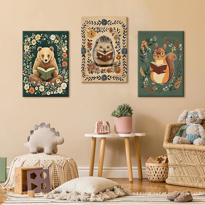 3pcs Animal Reading Canvas Wall Art Cute Woodland Animals Wall Decor Bear Hedgehog Squirrel Pictures Print Bohemian Floral Posters Paintings Suitable for Kids Room Nursery Playroom 12 x 16 Inch