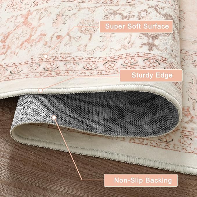 LIVEBOX Large Vintage Area Rug 6x9 - Washable Retro Tribal Pink Rug for Living Room, Soft Boho Anti-Skid Carpet Low-Pile Stain Resistant Floral Rugs for Girl Room Office