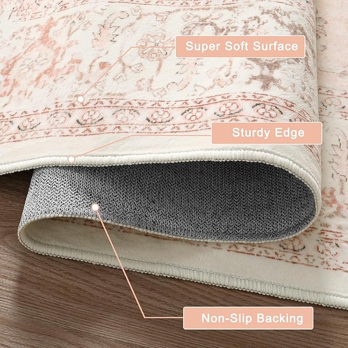 LIVEBOX Pink Area Rug 8x10 - Large Oriental Floral Living Room Rugs Accent Rug for Bedroom, Non-Slip Retro Medallion Carpet Print Distressed Rugs for Dining Room Office (Pink/Peach)