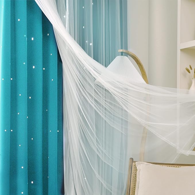 Kinryb Star Cutout Blackout 95 Inches Curtains Double Layer with Sheer Overly Curtains for Bedroom Thermal Insulated Window Treatment Set with 2 Free Tiebacks (52W x 95L 2 Panels Sky Blue)