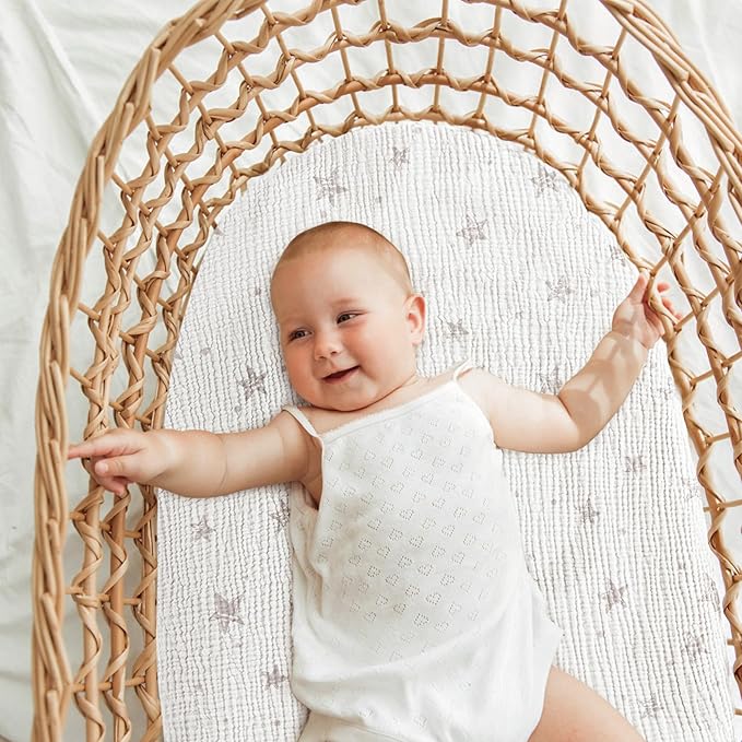 Bearmoss Bassinet Sheets - 2 Pack Muslin Cotton Bassinet Sheets Fits Oval and Rectangle Bassinet Mattress, Breathable and Skin-Friendly for Baby Boy and Girl (Pale Grey&Sand Beige)
