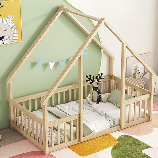 Bellemave Twin Floor Bed for Kids, Girls, Boys, Wood House Bed Frame, House Floor Bed, Twin Size Montessori Floor Bed with Fence, Playhouse, Natural