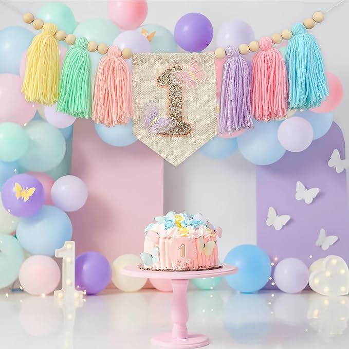 Handmade Macaron 1st Birthday High Chair Banner with Butterflies First Highchair Banner For Baby Girls 1 Birthday Party Decorations Wood Bead Tassel Garland Princess Boho Butterfly Colorful Photo Props