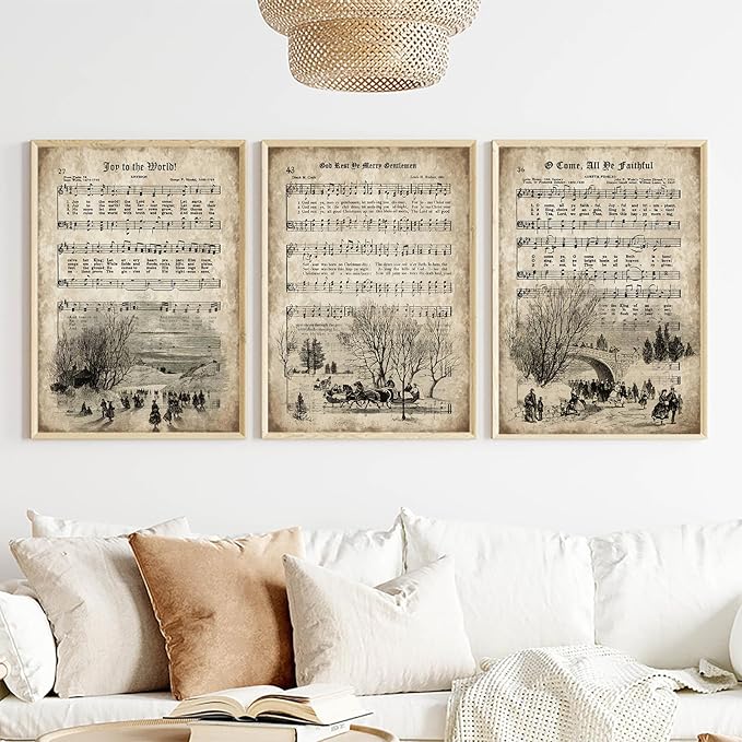 LUHDFYS Vintage Christmas Carol Sheet Music Wall Art,Aged Antique Grunge Style Canvas Print,Religious Hymn Poster,Unframed Home Decor