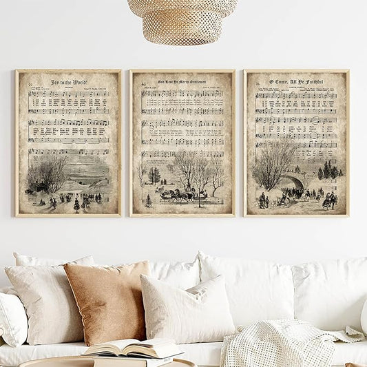 LUHDFYS Vintage Christmas Carol Sheet Music Wall Art,Aged Antique Grunge Style Canvas Print,Religious Hymn Poster,Unframed Home Decor