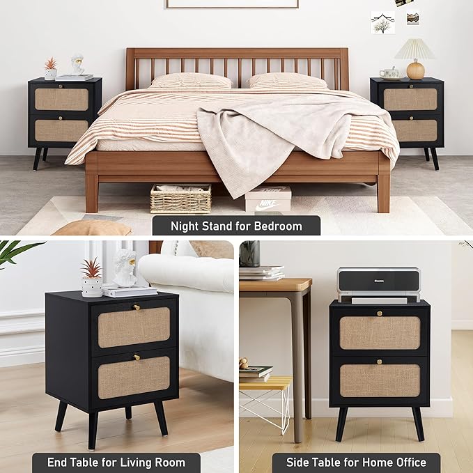 16" Wooden Nightstand with 2 Storage Drawer, Farmhouse Bedside End Table with Linen Decor, Modern for Night Stand Bedroom, Living Room & Small Spaces (Black)