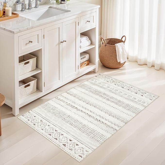 Area Rugs for Living Room Washable Living Room Rug Soft Neutral Indoor Floor Carpet Non-Slip Stain Resistant Modern Boho Rugs for Bedroom Dining Room Kids Room Nursery Office Home Brown Cream