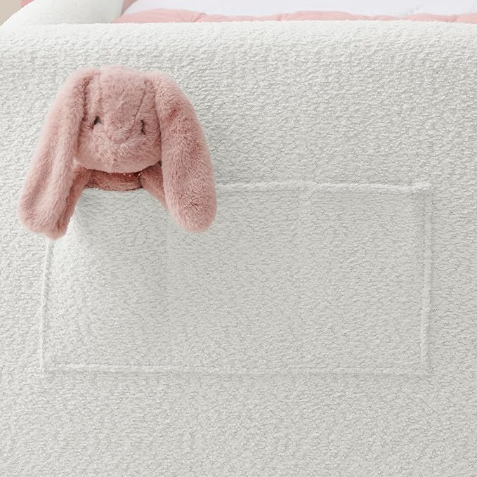 DEINPPA Twin Size Platform Bed Frame with Rabbit Ear Shaped Headboard and Pocket, Boucle Upholstered Bed Frame with Guardrail for Children Kids Boys Girls-Beige
