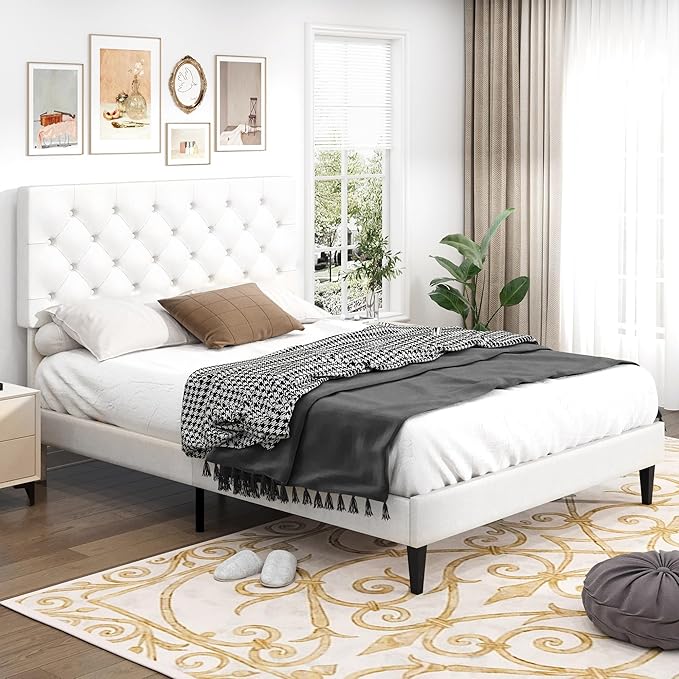 BarnFurin Full Size Bed Frame with Headboard, Upholstered Platform Bed with Adjustable Button Tufted Headboard, Fabric Bed Frame with Wooden Slats Support, No Box Spring Required, Easy Assembly, White