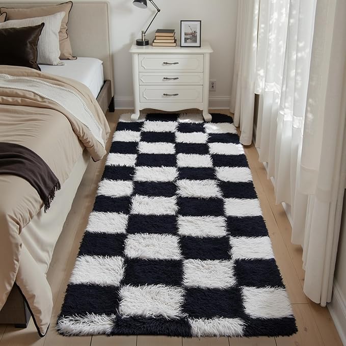Checkered Area Rug 2x6 for Bedroom, Black and White Modern Shag Rug Super Soft Runner Carpet Washable Fluffy Rugs for Living Room Bedside Sofa Home Dorm Decor Aesthetic