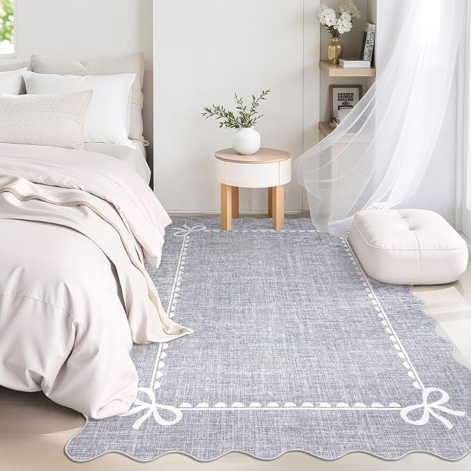 GarveeHome Scalloped Bow Rug for Living Room, Solid Grey Rug for Dorm, Washable Rugs 4x6 Soft Low Pile Non Slip Scalloped Rugs for Nursery Bedroom Decor Hallway Kids Room Playroom