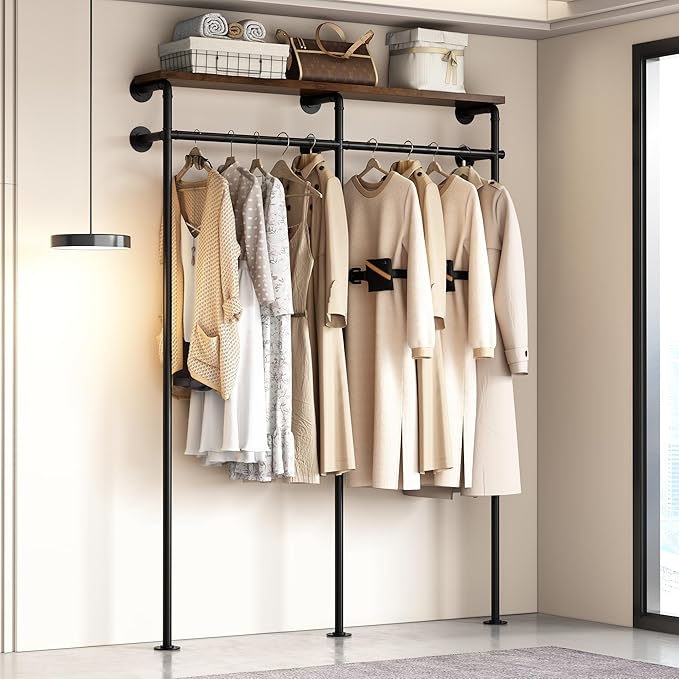 Industrial Pipe Clothes Rack, Wall Mounted Clothing Rack with Shelves, Heavy Duty Closet Organizers Wardrobe Multi-Purpose Storage Clothes Hanging Shelf-59''L Black