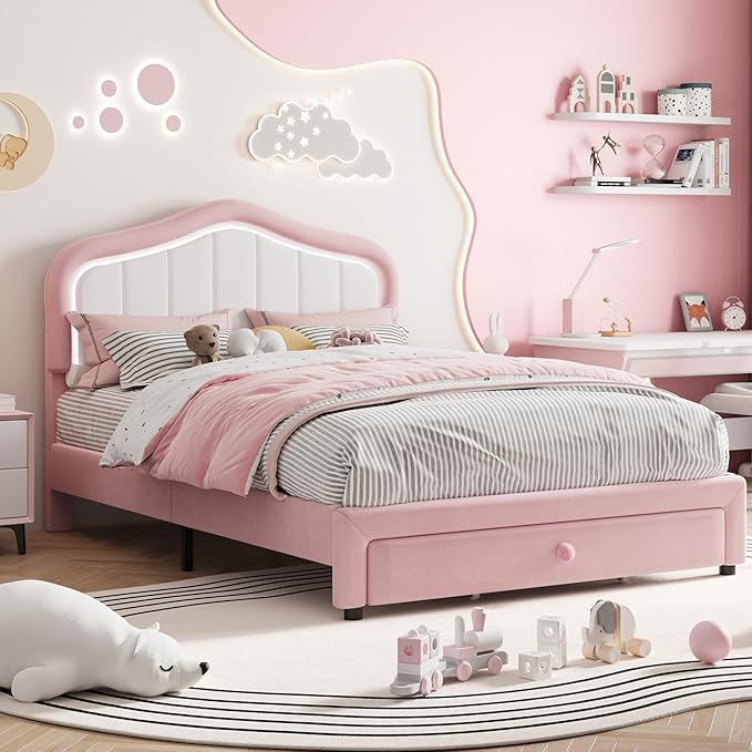 Full Upholstered Bed Frame With Storage Drawer and Smart Led Headboard, Princess Full Size Platform Bed Frames for Kids/Girls, Wooden Slats Support, No Box Spring Needed, Easy Assembly, Pink