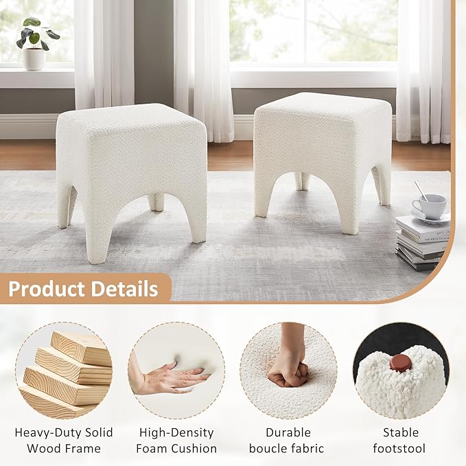 17" Boucle Modern Square Foot Stool Ottoman, Vanity Stool for Makeup, Rectangle Foot Rest for Couch, Upholstered Ottoman Stool for Living Room, Bedroom, Entryway (1, White)