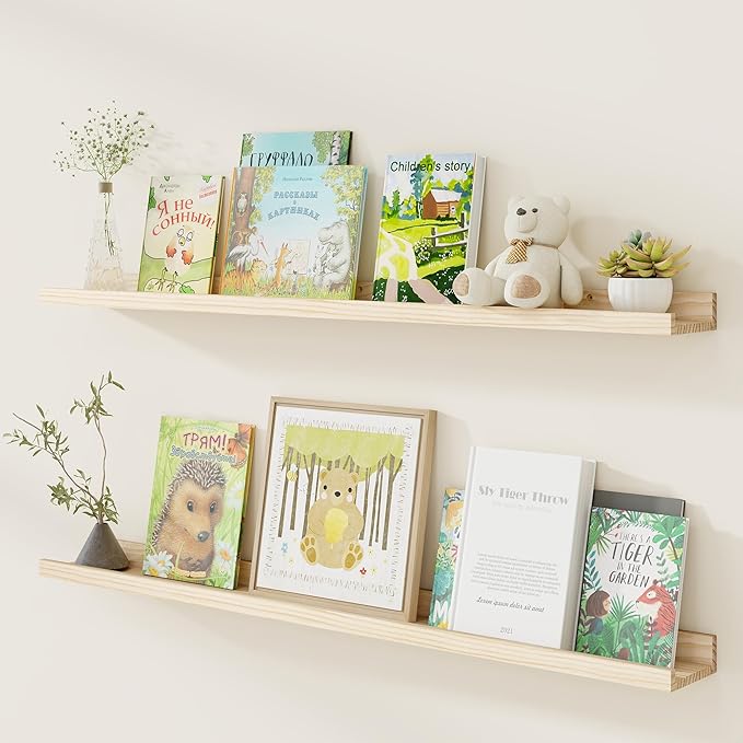 Fun Memories Picture Ledge Shelf, Pine Wood Floating Shelves Set of 2, 48 inch Nursery Book Shelves, Photo Ledge Book Shelves Wall Mounted for Living Room Kids' Room Bedroom - Natural