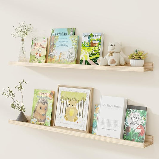 Fun Memories Picture Ledge Shelf, Pine Wood Floating Shelves Set of 2, 48 inch Nursery Book Shelves, Photo Ledge Book Shelves Wall Mounted for Living Room Kids' Room Bedroom - Natural