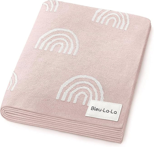 Knit Baby Swaddle Blanket for Girls - 100% Cotton Buttery Soft Cozy Receiving Swaddle Stroller Blanket for Shower Gift Registry for Newborns, Infants, Toddlers (Rainbow - Pink)