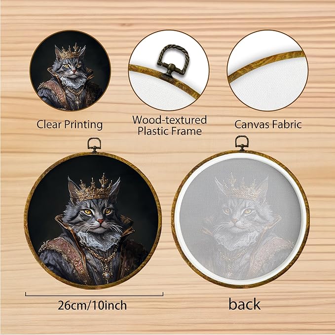 Hiuwevt Cat Renaissance Style Round Wall Art Decor, Cat Mom Lovers Gifts for Women Framed Canvas Prints, King Kitten Round Wall Hanging Decor for Bedroom Home Decorations, 10x10 Inches
