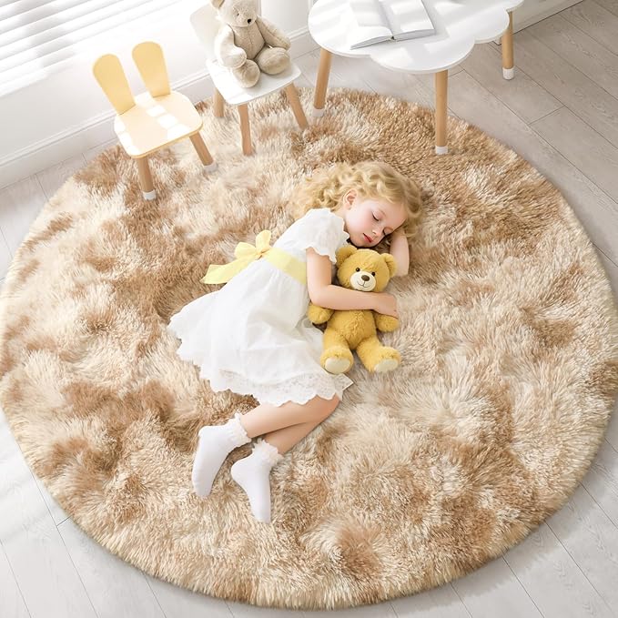 EVOIONOS Tie-Dyed Camel Round Rug for Bedroom, 4x4 Ft Fluffy Soft Circle Area Rugs for Living Room, Plush Shaggy Circular Carpet for Indoor Floor Bedside Kids Nursery, Home Decor Aesthetic