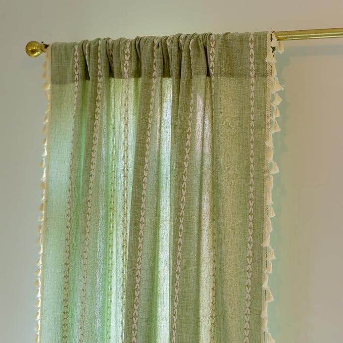 Deeprove Sage Green Boho Curtains 90 inches Length for Living Room Bedroom Nursery, Vintage Chic Bohemian 90 inches Long Embroidery Farmhouse Tassel Privacy Window Treatments W52 x L90, 1 Panel
