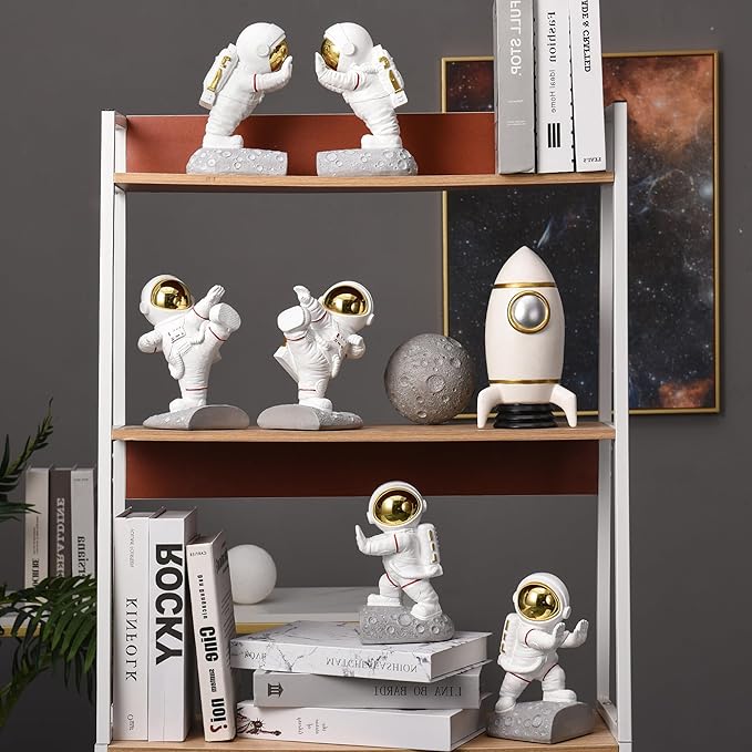 Decorative Space Theme Bookends - Astronaut Resin Bookends with Anti-Slip Base - Sturdy, Fun & Unique Book Holders for Heavy Books (Gold)