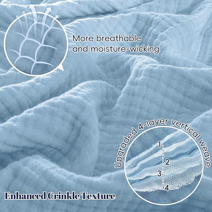 PHF 100% Cotton Muslin Blanket Queen Size 90"x90", 4-Layer Lightweight Gauze Throw, Breathable Cloud-Soft Minimalist Blanket for Bed, Couch, Camping & Baby, Sky Blue, Ideal Gift