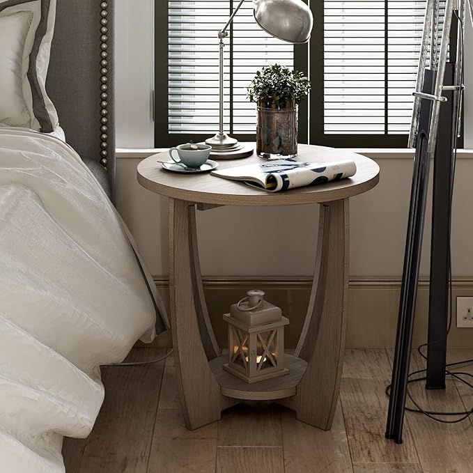 COZAYH Rustic Farmhouse End Table with Storage Shelf, French Country Modern Round Accent Side Table for Small Spaces, Vintage Grey Finish