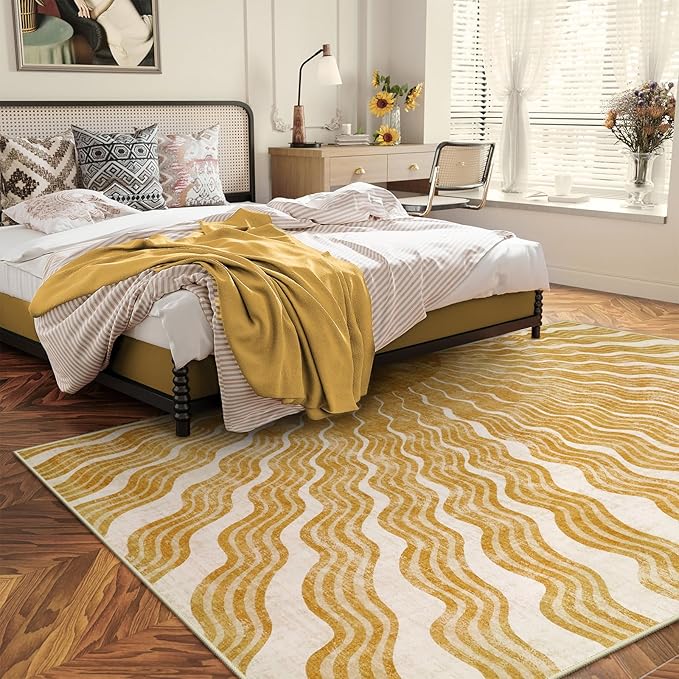 Boho Machine Washable Rug 6x9, Sun Print Soft 6x9 Nursery Rug for Bedroom Classroom, Ultra-Thin Non Slip Kids Large Carpet for Living Room Playroom Office(6'x9',Gold/Multi)