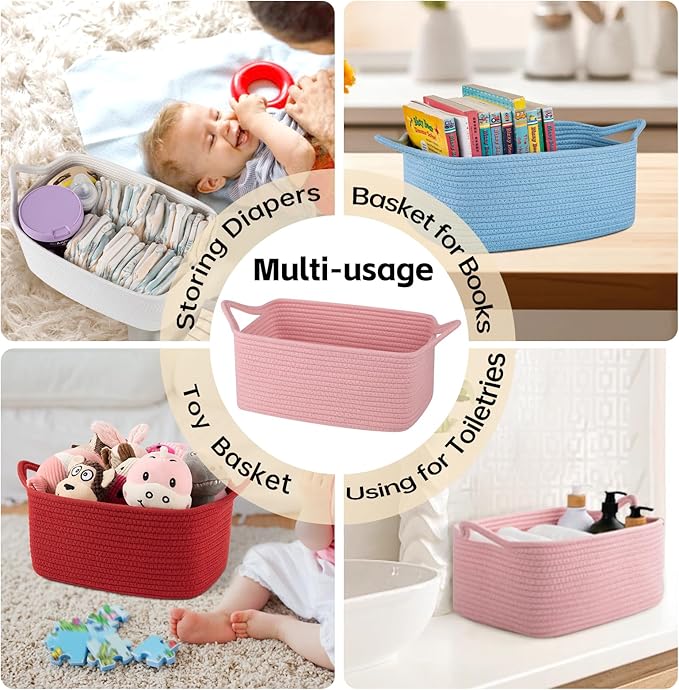 OIAHOMY 19L Woven Basket with Gift Bags and Ribbons, Gift Basket Empty for Baby Showers Birthday, Nursery Bin with Handles for Baby Room Living Room, Pet Toy Bins for Toy Organizer - Pink