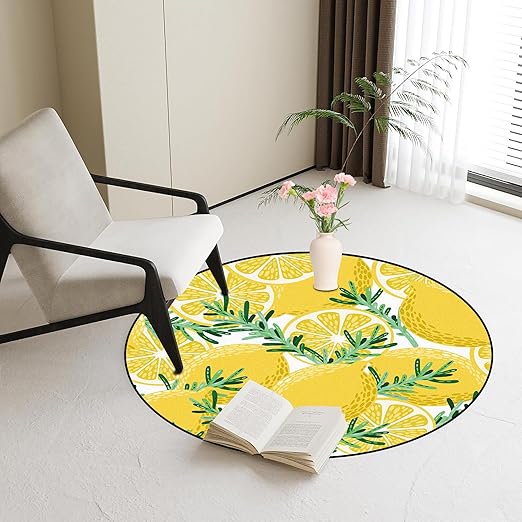 Round Lemon Rug Yellow Circle Rugs for Bedroom Dorm Living Room Lemon Tree Area Rug Floor Mat Pad Doormat Carpet, 3'X3'(90x90cm)