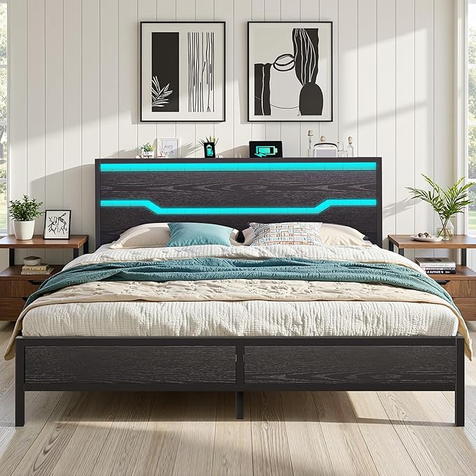 King Size Bed Frame with LED Lights & Charging Station, King Bed Frame and Headboard,13" Under Bed Storage, Noise-Free Heavy Duty Metal Support, Modern Black